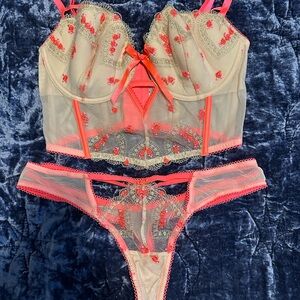 Victoria's Secret Sheer Embroidered Bustier & Thong - Nude and Coral